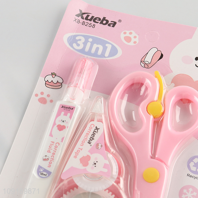 New Product 3PCS Stationery Set with Correction Tape, Correction Fluid and Scissors