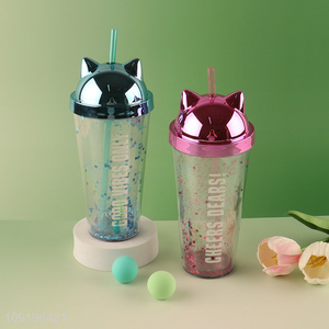 Good Quality 400ml Double Layer Plastic Tumbler with Lid & Straw