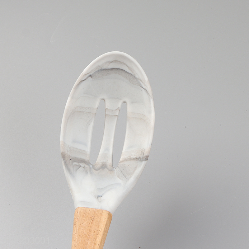 Hot items silicone kitchen utensil slotted ladle with wooden handle