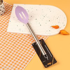 Latest products long handle silicone kitchen utensil slotted ladle for sale