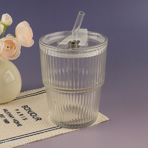 Good Quality 350Ml Clear Glass Ice Coffee Cup with Lid & Straw