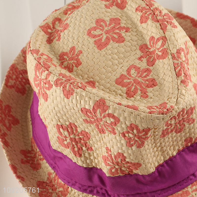 High Quality Printed Straw Fedora Hat Summer Beach Hat for Adults