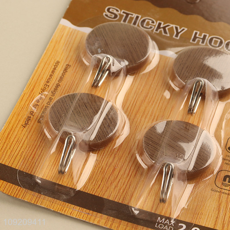 Factory Price 4 Pack Wood Grain Plastic Wall Hooks Adhesive Hooks