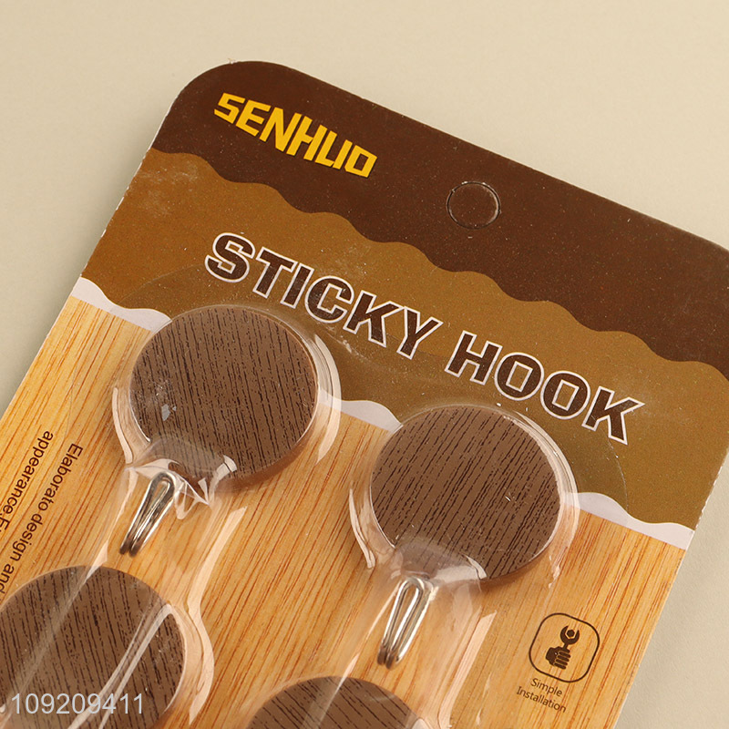 Factory Price 4 Pack Wood Grain Plastic Wall Hooks Adhesive Hooks