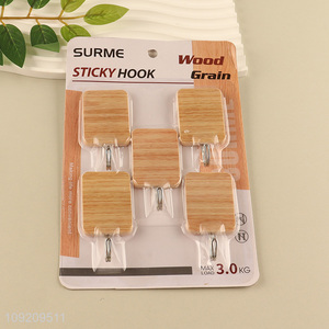 Factory Price 5 Pack Wood Grain Wall Hanging Hooks Adhesive Hooks