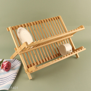 Wholesale 2-Tier Natural Bamboo Dish Drying Rack Foldable Dish Rack
