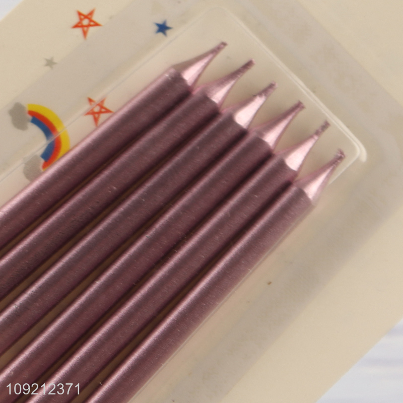 Factory Supply 6-Count Long Thin Meallic Birthday Cake Candles with Holders