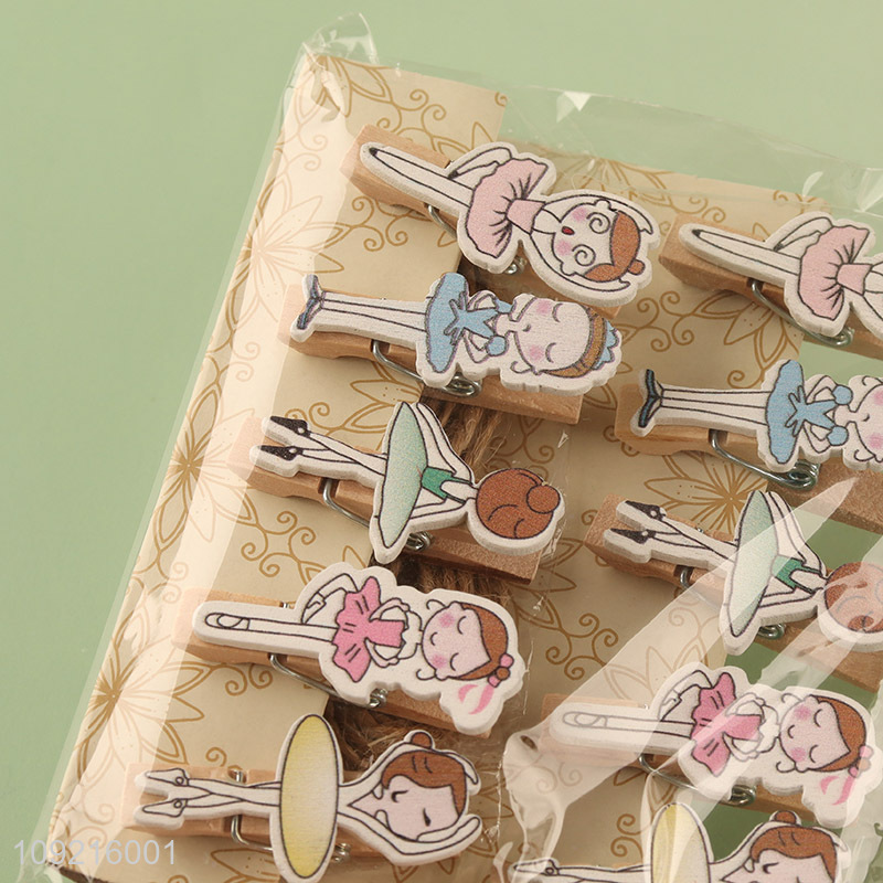 Popular products 10pcs cartoon dancing girls paper clips wooden clips