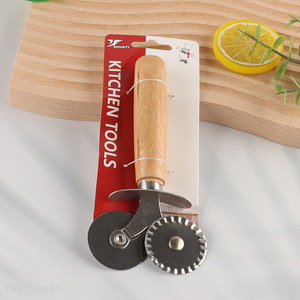 Popular products double-wheel stainless steel pizza wheel pizza cutter with wooden handle