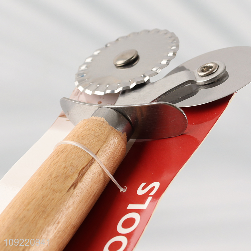 Popular products double-wheel stainless steel pizza wheel pizza cutter with wooden handle