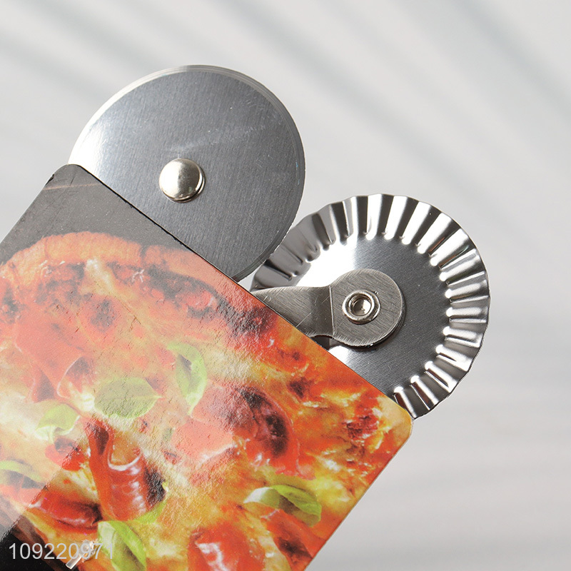 Factory price double-wheel stainless steel pizza wheel pizza cutter with wooden handle