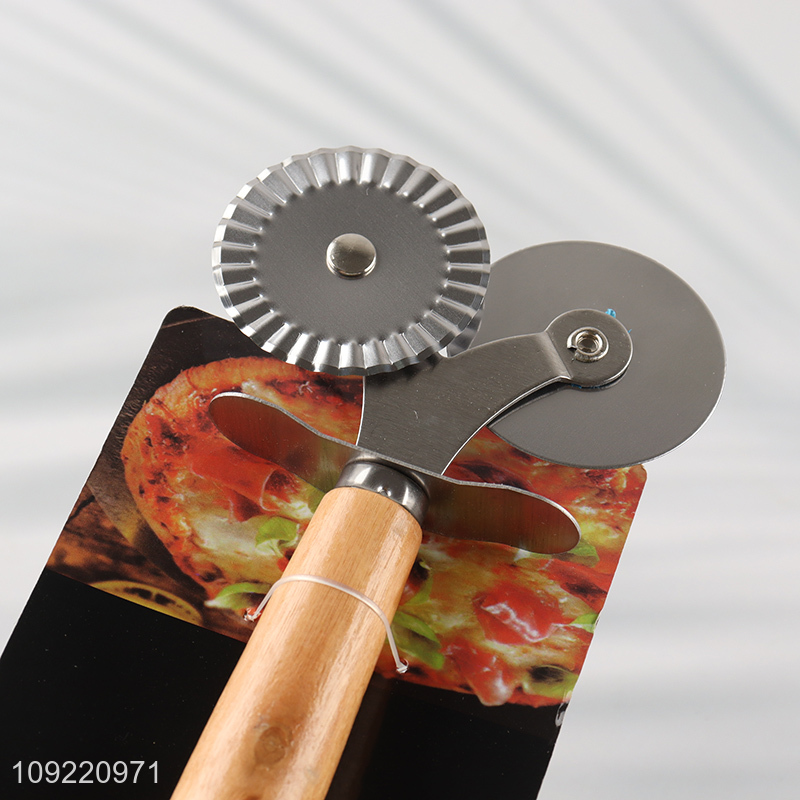 Factory price double-wheel stainless steel pizza wheel pizza cutter with wooden handle