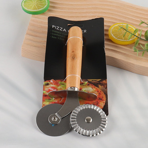 Factory price double-wheel stainless steel pizza wheel pizza cutter with wooden handle
