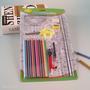 Most popular school students stationery set ruler compasses colored pencil set