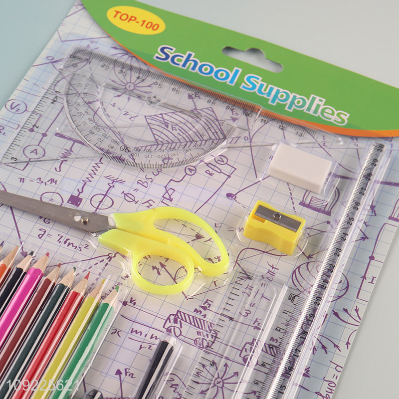 Most popular school students stationery set ruler compasses colored pencil set