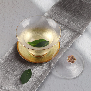 New Arrival Transparent Glass Tea Cup Set with Lid & Gold Saucer