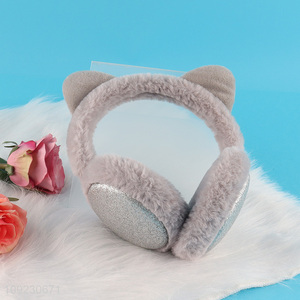 Low price grey cat ear shape winter plush polyester earmuffs