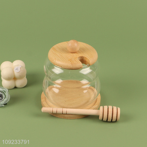 New Product 300mL Glass Honey Jar with Bamboo Lid & Dipper Stick