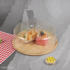 Wholesale Round Bamboo Cake Tray Dessert Stand with Plastic Cover