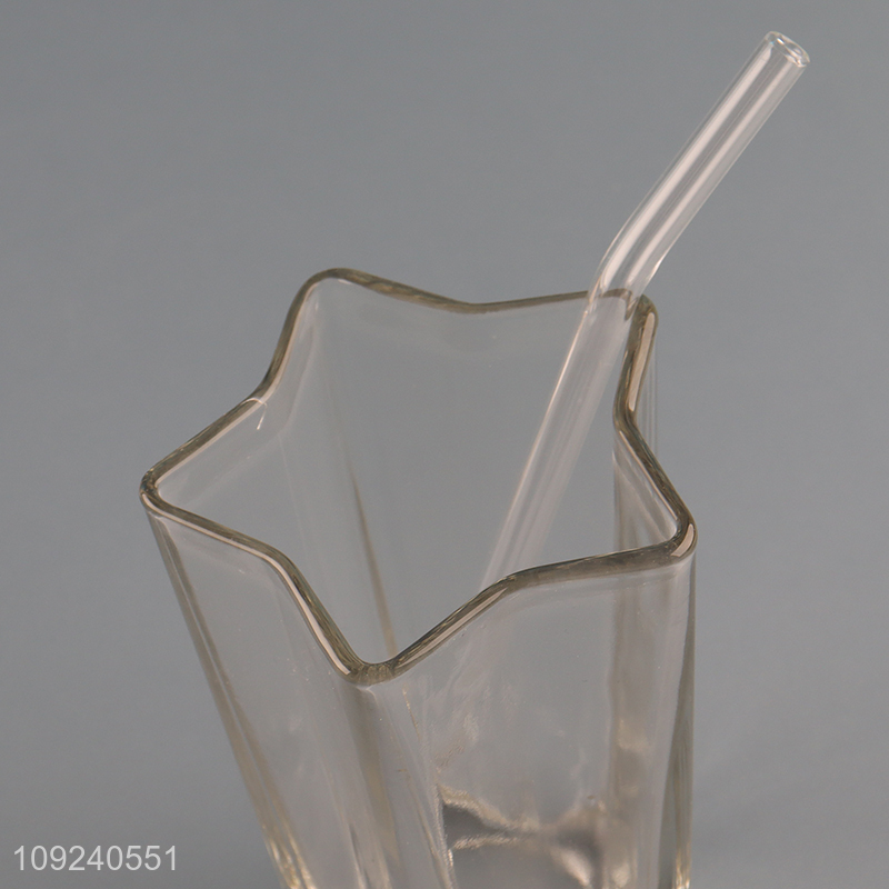 Popular products star shape glass cup water cup with lid&straw