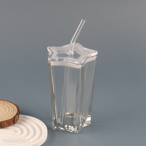 Popular products star shape glass cup water cup with lid&straw