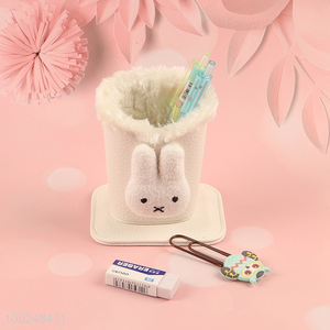 Yiwu market cartoon plush rabbit stationery storage pen holder for desktop