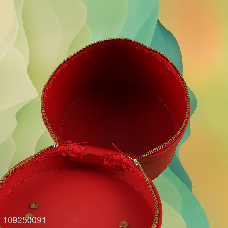 Good selling round red portable cosmetic bag makeup bag with handle