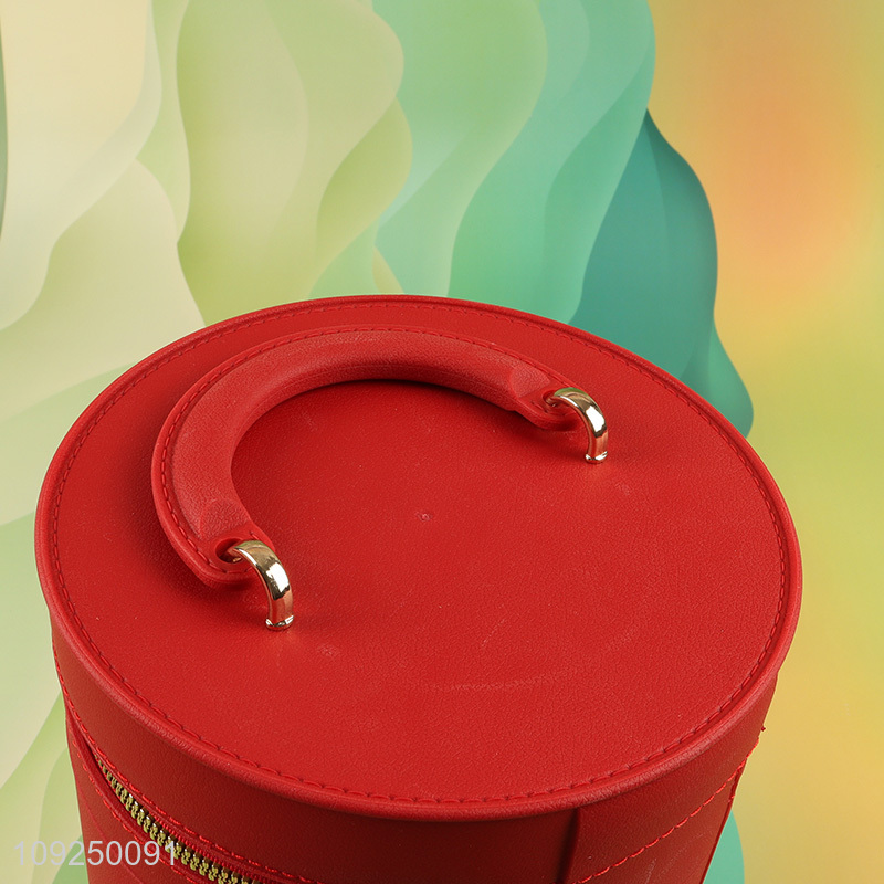 Good selling round red portable cosmetic bag makeup bag with handle