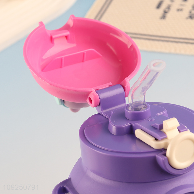 Good Quality Plastic Cartoon Water Bottle with Straw & Shoulder Strap for Kids