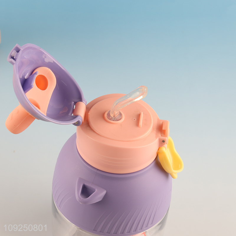 Hot Selling Plastic Cartoon Kids Children Water Bottle with Straw & Shoulder Strap