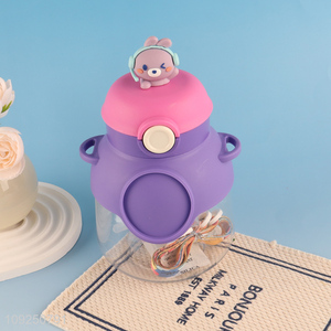 Good Quality Plastic Cartoon Water Bottle with Straw & Shoulder Strap for Kids