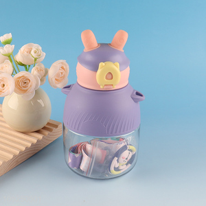 Hot Selling Plastic Cartoon Kids Children Water Bottle with Straw & Shoulder Strap