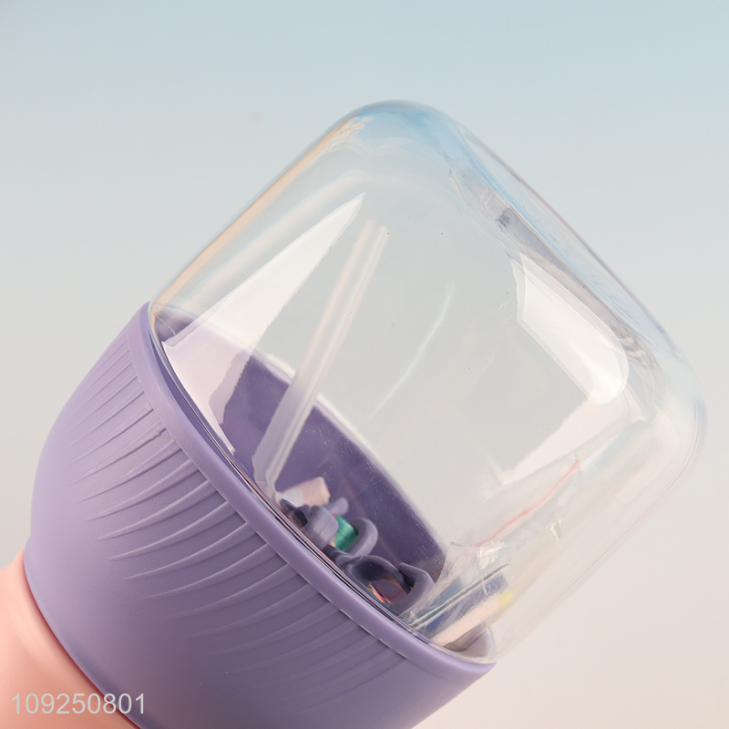 Hot Selling Plastic Cartoon Kids Children Water Bottle with Straw & Shoulder Strap