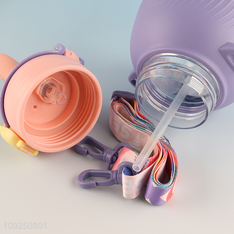 Hot Selling Plastic Cartoon Kids Children Water Bottle with Straw & Shoulder Strap