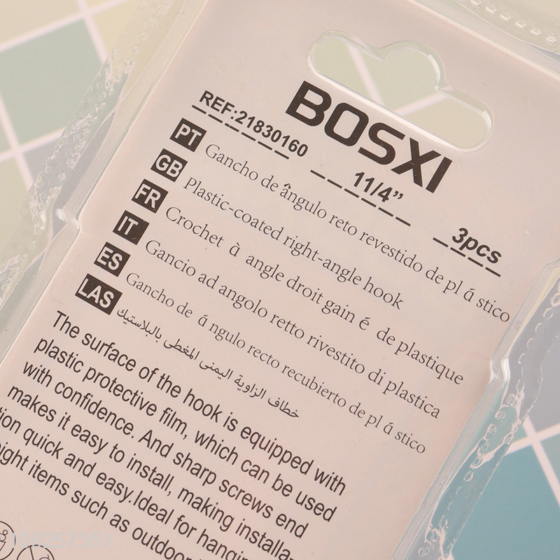 Hot Selling 3 Pieces Screw-in Hooks Set Plastic Coated Right Angle Metal Hooks