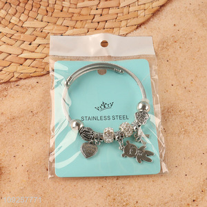 Hot Selling Silver Plated Stainless Steel Bangle Charm Bracelet for Girls