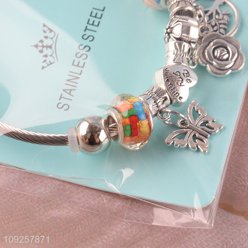 High Quality Silver Plated Stainless Steel Bangle Charm Bracelet for Girls