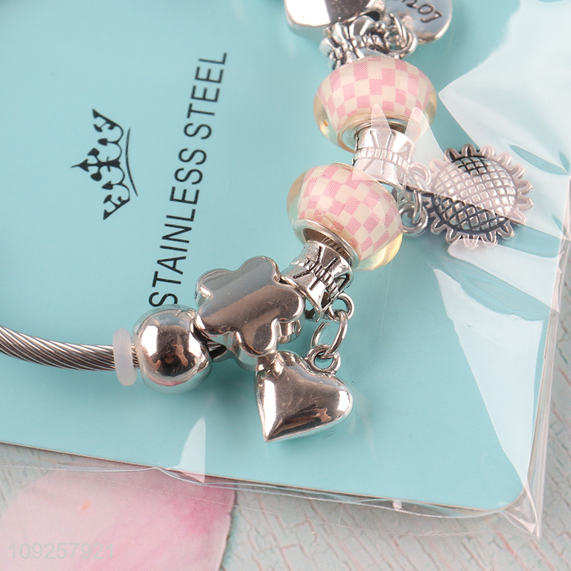 Online Wholesale Charm Bracelet Silver Stainless Steel Bangle for Women Girls