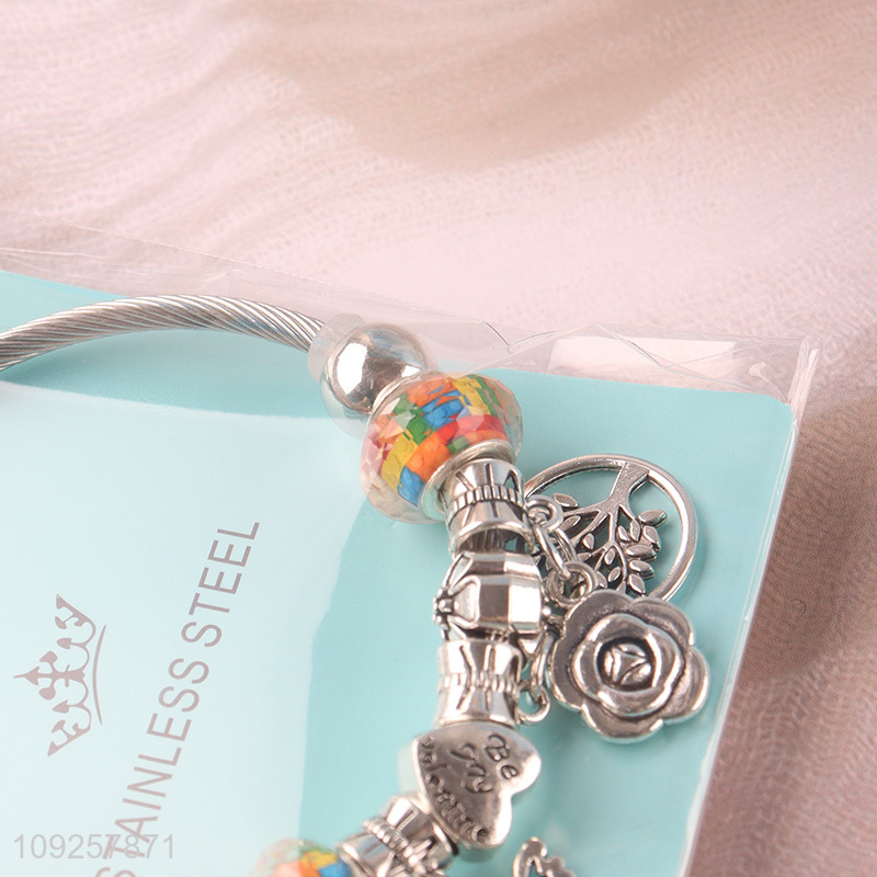 High Quality Silver Plated Stainless Steel Bangle Charm Bracelet for Girls