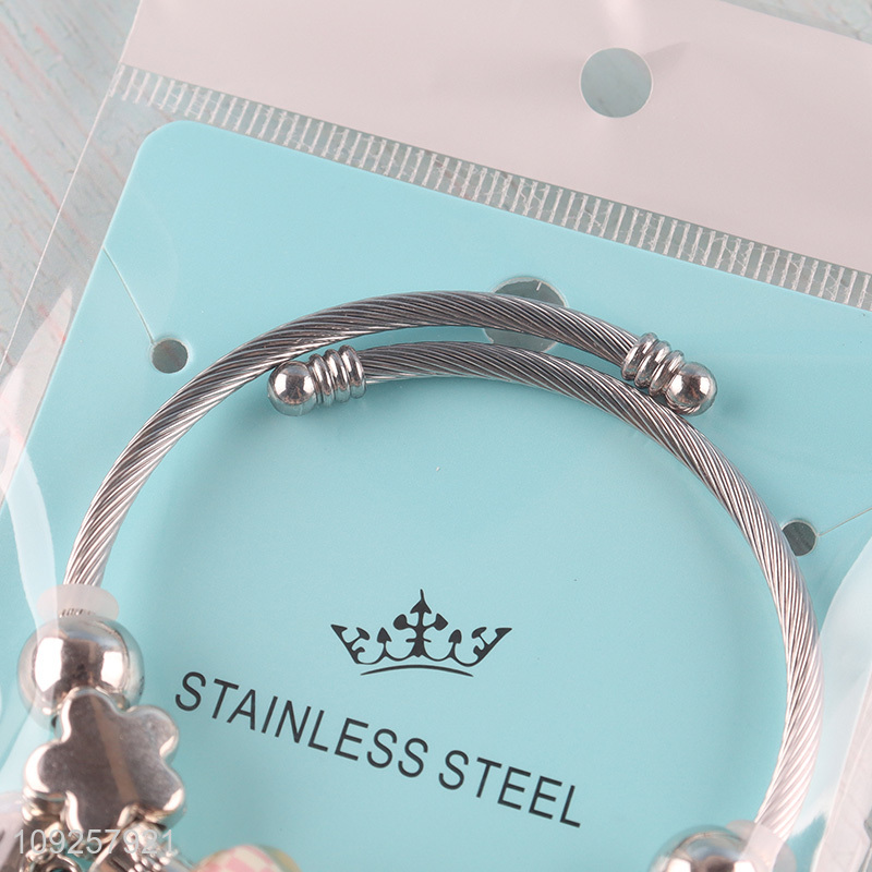 Online Wholesale Charm Bracelet Silver Stainless Steel Bangle for Women Girls