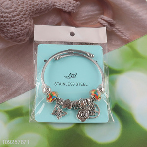 High Quality Silver Plated Stainless Steel Bangle Charm Bracelet for Girls