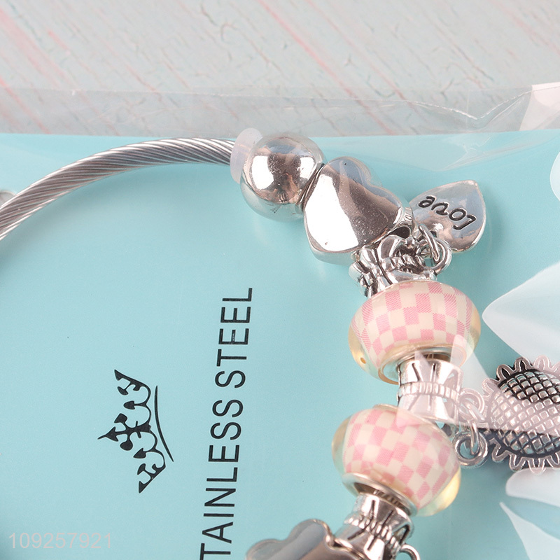 Online Wholesale Charm Bracelet Silver Stainless Steel Bangle for Women Girls