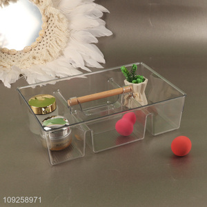 Top selling household PET desktop organizer storage box with wooden handle