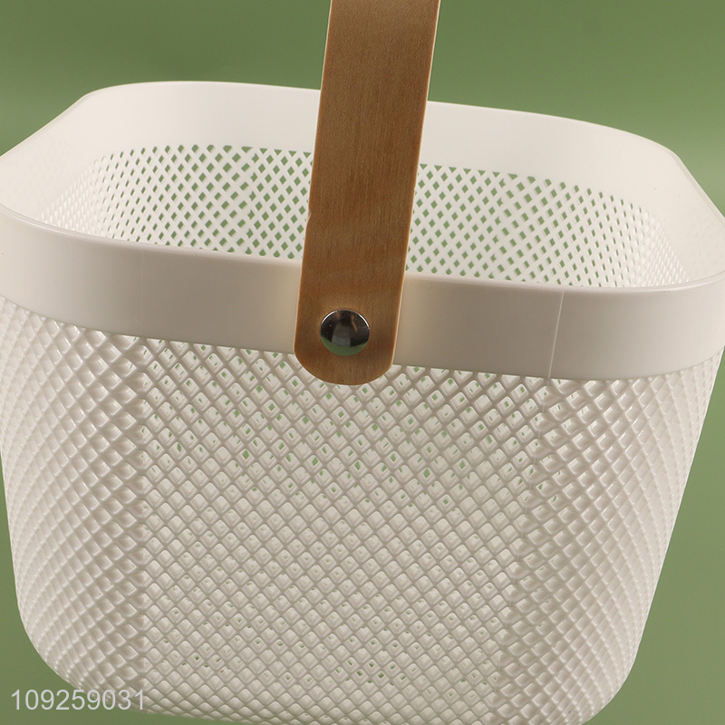 Low price wooden handle hollow home office storage basket for sale