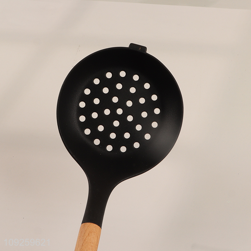 Yiwu market silicone kitchen utensil slotted spoon with wooden handle