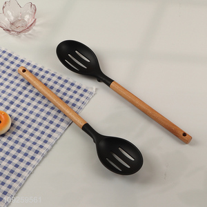 Hot selling reusable wooden handle silicone kitchen utensil slotted spoon