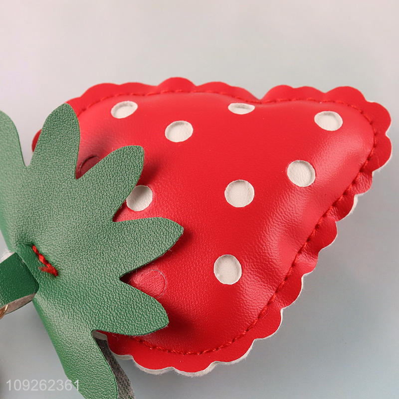 China Imports Strawberry Keychain PU Leather Bag Charm PU Leather Car Keychain for Women