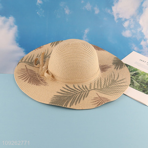 High Quality Summer Straw Hat Outdoor Leaf Printed Floppy Straw Hat