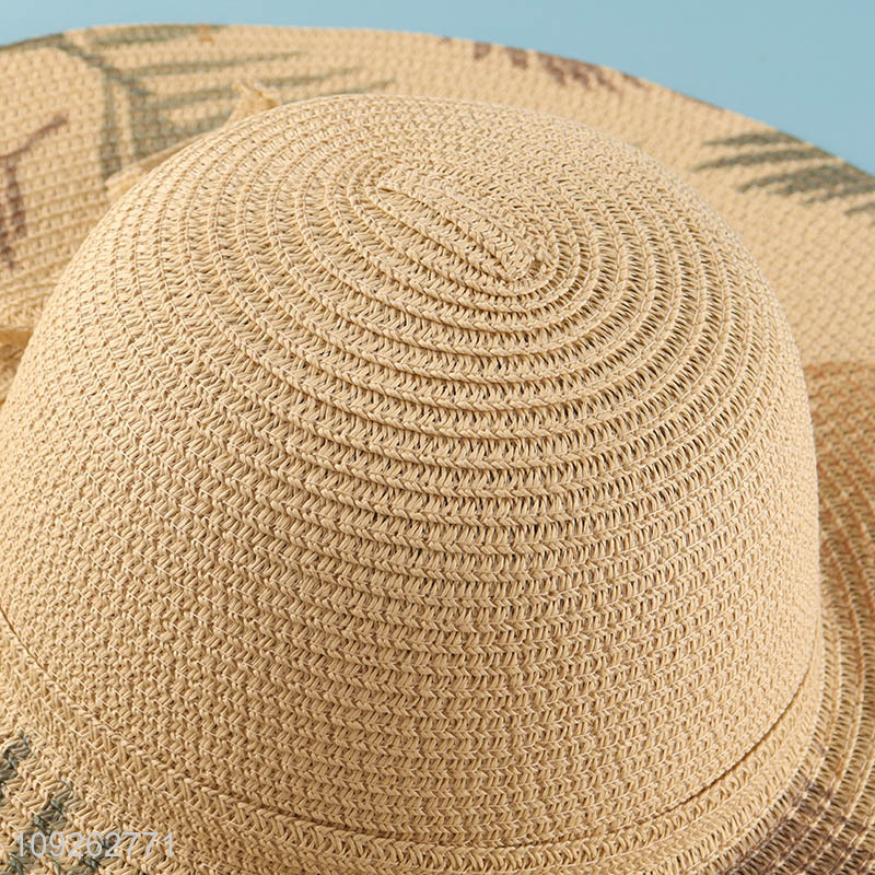 High Quality Summer Straw Hat Outdoor Leaf Printed Floppy Straw Hat