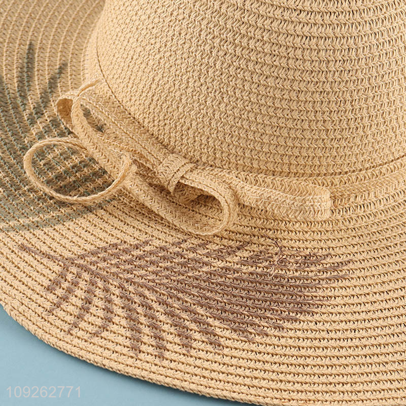 High Quality Summer Straw Hat Outdoor Leaf Printed Floppy Straw Hat